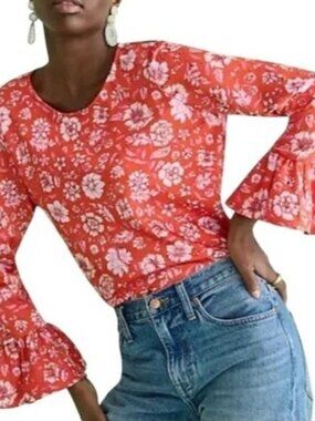 J. Crew Red Silk floral blouse flutter sleeves XS